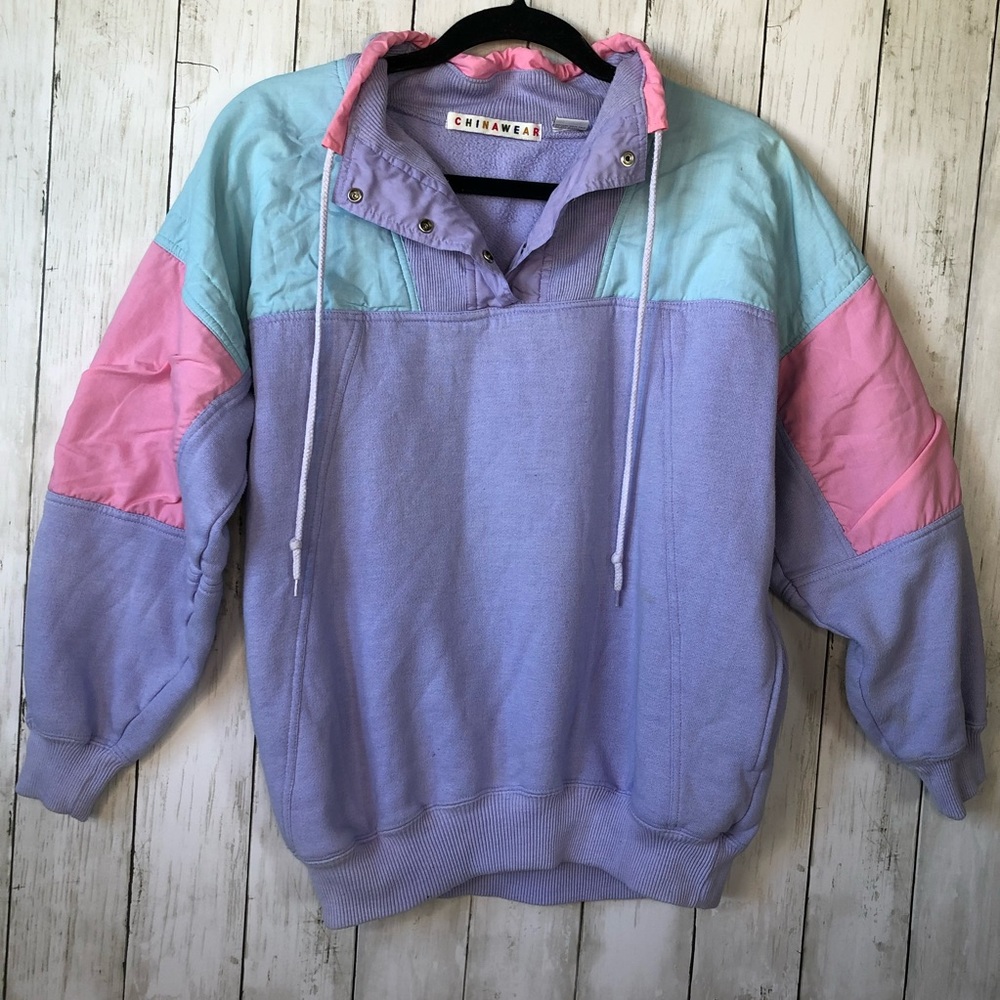 Chinawear Vintage 90s Colorblock Pullover Pastel Purple Blue Size Medium